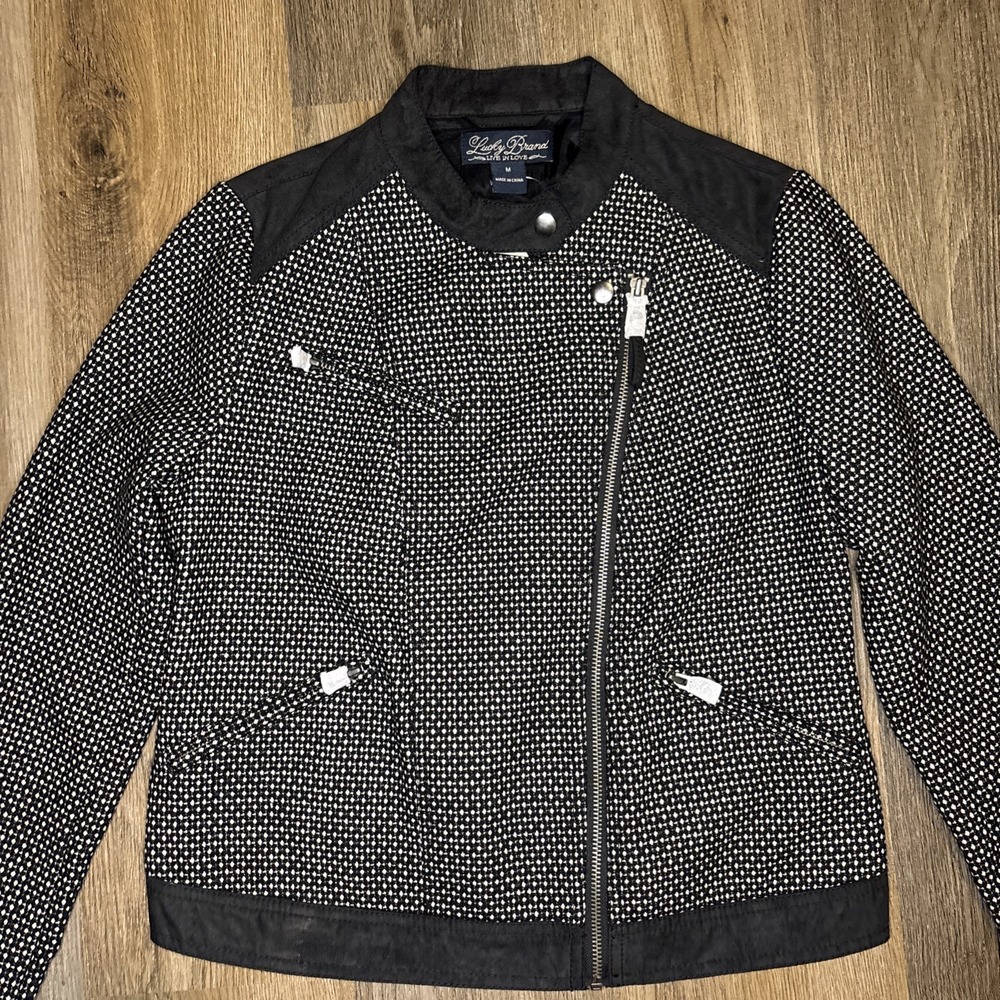 Lucky Brand Jacket Women's Medium Black Swiss Dot Wool Moto Edgy Lightweight NWT - Picture 6 of 16